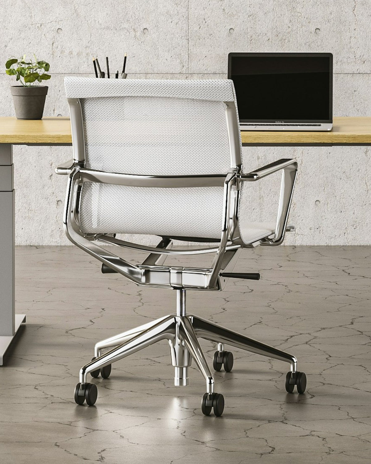 Office with a concrete wall, pendant lamps, a desk and a mesh office chair
